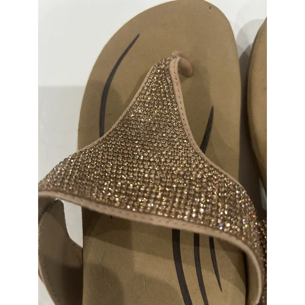 Aetrex Sandals Shoes Women Size 7 Brown Thong Wedge Rhinestone Comfort Orthotic